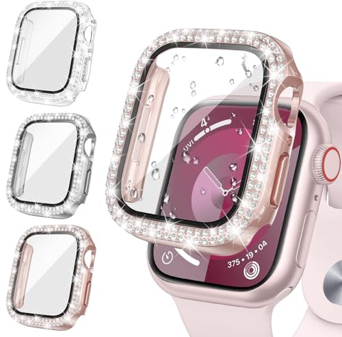 [3Stück] Neitra Glitzer Diamanten Hülle für Apple Watch Series 6 5 4 SE 44mm, Hart PC Bumper Case mit HD Gehärtetes Displayschutz Folie, Bling Schutzhülle Cover Smartwatch Zubehör für Frauen Mädchen