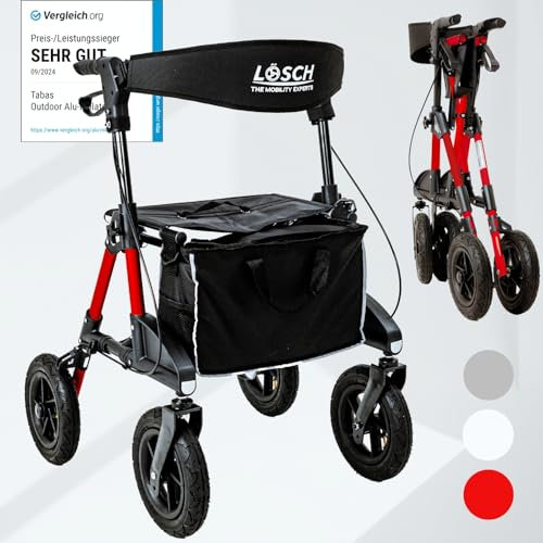 TABAS Faltbarer & Leichter Rollator Mit Sitz I Preis-/Leistungssieger I Outdoor Mit Luftbereifung, Sitzfläche & Rückengurt, Tasche & Stockhalter I Für Senioren I Gehhilfe Von Lösch Reha
