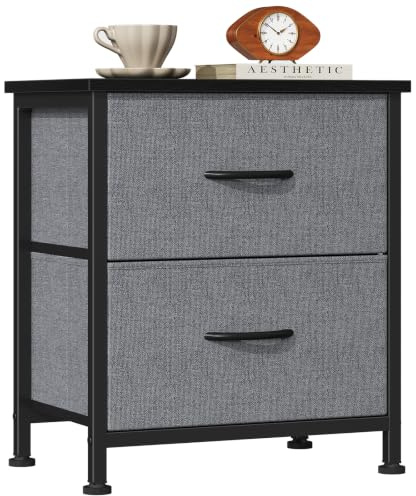 Sweetcrispy Nightstand with 2 Storage Drawers, 20 Height End Tabl Small Bed Side Furniture, Wooden Top Fabric Cabinet Kids Night Stand Mini Dresser for Bedroom, Closet, Entryway, College Dorm