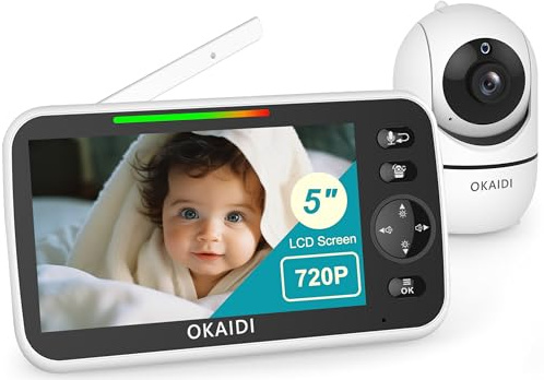 OKAIDI Monitor de bebé HD 720P, monitor de bebé de 5 pulgadas con cámara y audio, batería de 5000 mAh, inclinación panorámica remota, zoom 3X, monitor de bebé de 1000 pies sin WiFi, visión nocturna,