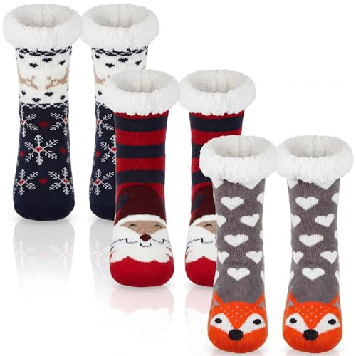 Hestya 3 Paires de Chaussons de Noël Chaussettes de Lit Antidérapantes Chaussettes d'Hiver Moelleuses pour Noël