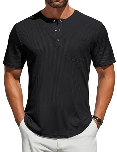 COOFANDY Camiseta de manga corta Henley para hombre, acanalada, con botones, bolsillo frontal, elástica, informal, para verano, Negro, L