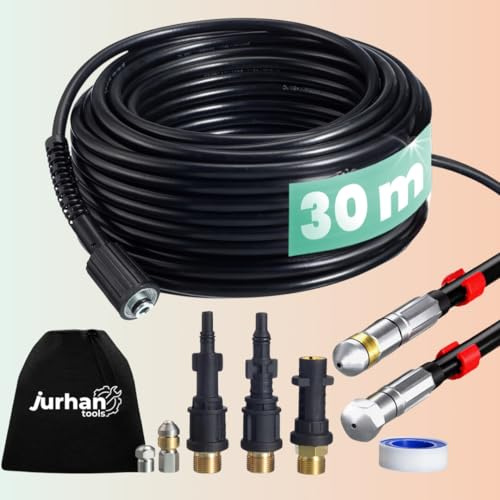 JURHAN Rohrreinigungsset (30 m) – Reinigungsset mit 3 Adaptern, Hochwertiger Rohrreinigungsschlauch für Hohe Wasserdruck, Kompatibel mit Standard-Hochdruckreinigern – Effizient Abflussreiniger