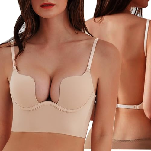 XFSRG Sujetador sin Espalda Mujer de V Profunda Cómodo Costuras Invisible Push Up para Mujeres Descubierta Profundo Cuello en U
