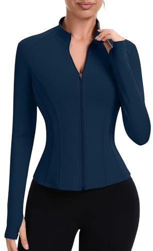 IECCP Women Running Top Sport Jackets Long Sleeve Gym Shirts Workout Fitess Activewear T-Shirt Lightweight Breathable Yoga Tops with Thumb Hole and Zip Side Pocket Navy Blue L