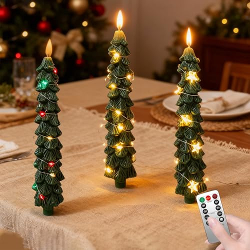 3 candele a LED per albero di Natale, verdi, candele senza fiamma, per l'inverno, la casa, l'abete, decorazione di Natale e di nozze