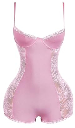 WDIRARA Women's Floral Lace Sheer Shorts Jumpsuits Sleeveless Underwired Sexy Unitard Rompers Pink Small