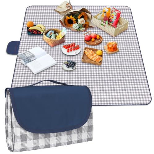 AYBUY Couverture de Pique-Nique Tapis Portable Pliant 200 x 200 cm, Poignée de Transport, Tapis de plage, Pour Randonnée, Voyage, Extérieur, Version épaissie (Motif à carreaux bleu marine)