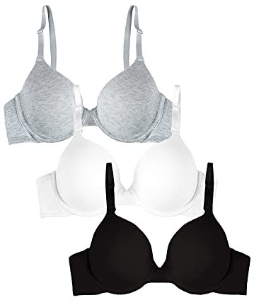 Fruit of the Loom Women's T-Shirt Bra, Opaque, Black/White/Grey Heather, 38D (Pack of 3)