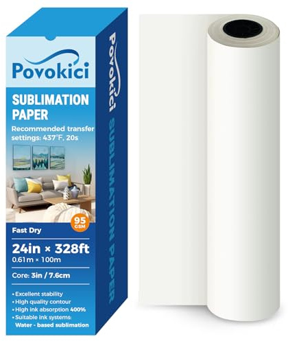 POVOKICI Fast Dry Dye Sublimation Paper Roll 95gsm 24in x 328ft 3 Core for Heat Transfer Printing