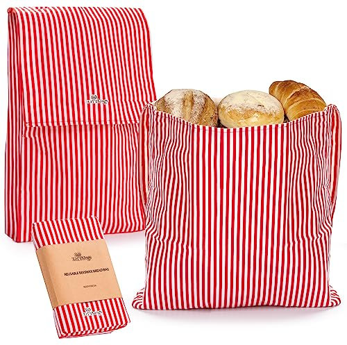 Li'l Things Eco-friendly Reusable Beeswax Bread bags | Improved Beeswax Coating | Set of 2 Sizes | 13'x13' & 15’x 9’ | 6 Different Themes | Great for Home Baked Store-Bought Bread | Stripey Red