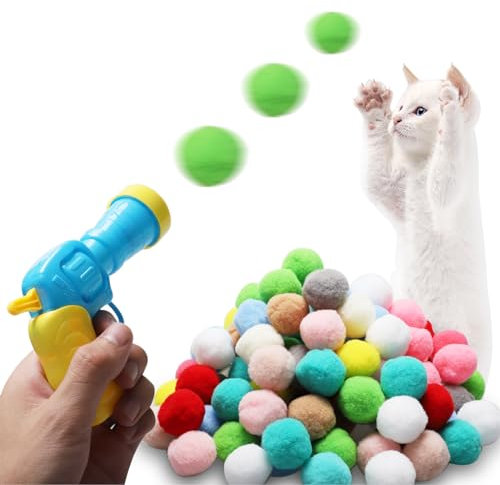 100 Stück Katzenspielzeug Bälle mit Kunststoff Startwerkzeug, Interaktives Katzenspielzeug, Bunte Weiche Katze Pompom, Interactive Spielzeug für Indoor Haustier Katzen Hunde
