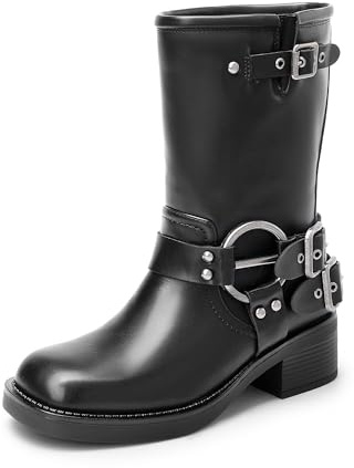 DREAM PAIRS Pull On Comfy Mid Calf Boots for Women, Square Toe Waterproof Motorcycle Biker Boots with Buckles, Fashion Women's Combat Boots with Low Chunky Heel SDMB2405W,Size 5,Black,SDMB2405W