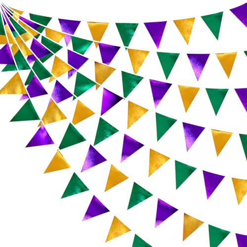 Guirlande de fanions triangulaires en tissu pour anniversaire, mariage, fête prénatale, jardin, bal masqué, fête, vacances - 9,7 m - Violet, doré et vert