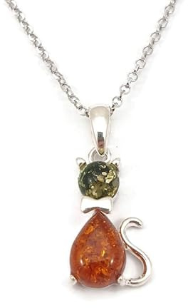 Kiara Jewellery Collana con ciondolo a forma di piccolo gatto seduto in argento Sterling 925, con ambra baltica multicolore su catenina in argento Sterling da 45,7 cm.