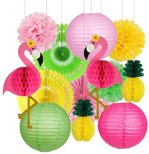Umimiss 13PCS Flamingo Party Decorations-Paper Pom Poms Decorations,Flamingo Paper Decorations Hanging,Pink Flamingo Pineapple Honeycomb Ball Paper Lanterns Paper Fans Pom Poms Flowers for Luau Party