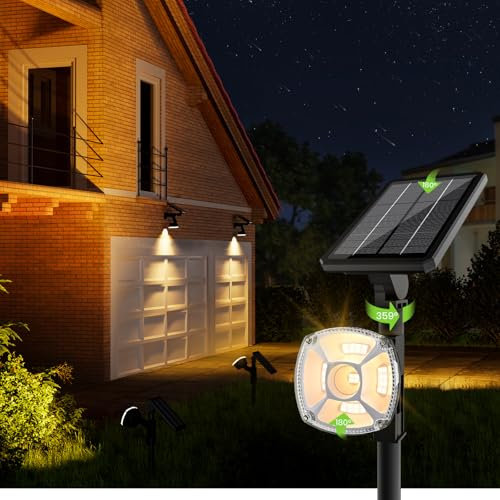EDISONFIRE Spot Solaire Exterieur Puissant, 36 LED 3500K Lampe Solaire Jardin 2 Pack, 3 Modes/360° Rotatif, IP67 Étanche Projecteurs Solaires pour la Pelouse, les Chemins, le Garage, Blanc Chaud