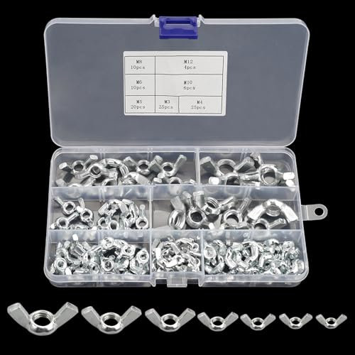 Flügelmuttern Sortiment Kit Flügelmutter Edelstahl, Muttern Set M3 M4 M5 M6 M8 M10 M12，Flügelschraube Hardware Tools, Schmetterlings Flügelschrauben, Flügelmutter Satz （100 Silber）