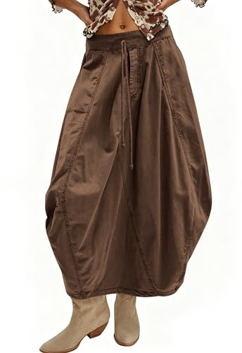 TERIVEEK Women Poplin Midi Skirt Baggy Summer Mid Rise Parachute Skirt Y2k Cargo Maxi Long Skirt with Pockets Streetwear Brown