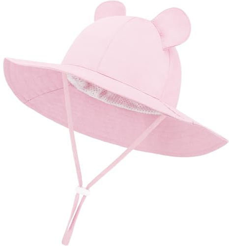 DRESHOW Baby Solhatt Småbarn Solskydd Strandmössa med Björnöron Unisex Sommarhatt med Hakrem UPF 50+