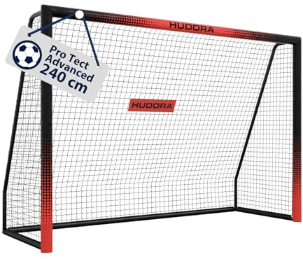 HUDORA Portería de Fútbol Pro Tect Advanced - para Exteriores, con Red, Resistente a la Intemperie, para niños y Adultos – Montaje Sencillo – Pared de Tiro Cremalleras y Velcro, Negra,240 x 160