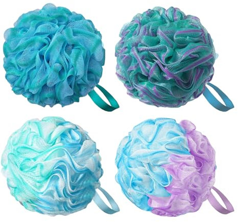 Flintronic 4 Pièces Éponge de Bain, 75g Fleur de Douche Recyclées, Maille Moussante Fleur de Douche Lavable, Fleur de Bain Loofah Unisex, pour Exfolier La Peau Nettoyer La Peau Apaisante