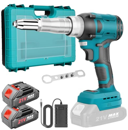 Yofuly Cordless Rivet Gun Compatible with Makita 18V/21V Battery, 2 * Batteries, 20,000N Brushless Electric Pop Rivet Gun Auto Riveting Pliers Tool with with 4 Adapters for Blind Rivets
