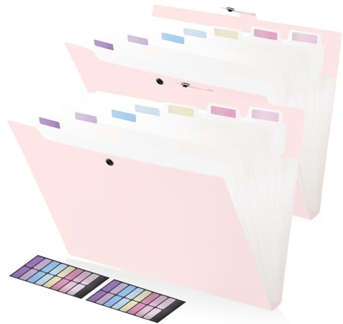 FRETONBA Raccoglitore Documenti con 8 Tasche, 2 Pezzi Cartelline Portadocumenti A4 Design Dell'etichetta, Porta Documenti Design dei Pulsanti, Portadocumenti, Divisori Raccoglitori ad Anelli, Rosa