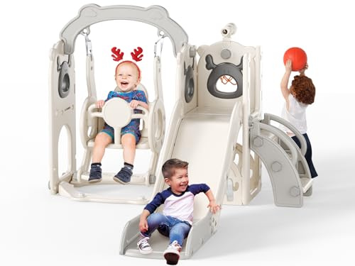 Tobogán Elk 6 en 1 con Canasta de Baloncesto, Golf, telescopio, Estructura para Escalar, tobogán Interior para niños, Juguetes Montessori para Parques Infantiles(Beige grisáceo)