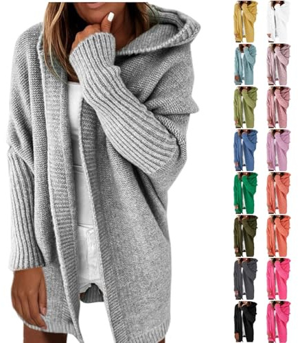 Weiß Strickjacke Damen Grobstrick-Cardigan Lang Winter Grobstrickjacke Strickmantel mit Kapuze 2025 Strickcardigan Offener Strickjacken-Longstrickjacke GroßE GrößEn ÜBergangsjacke Wintermäntel S-XXL