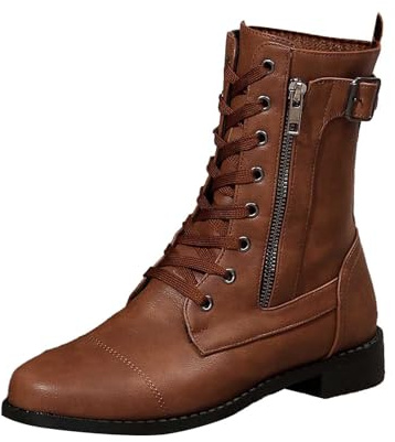 Bottes d'équitation d'hiver décontractées pour femme avec mollet mi-haut, lacets et fermeture éclair latérale, bottines en cuir pour un usage quotidien, chaussures d'hiver et d'automne confortables