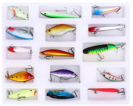 UPALDHOU Kit de Señuelos de Pesca, 15 Piezas Caja de Regalo de Cebo de Pesca Juego de Engranajes de Aparejos de Realistas de Plástico ABS Herramienta Profesional