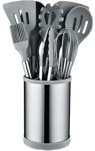 Set Completo Utensili da Cucina 12 Pezzi in Silicone con Portautensili Girevole Mestolo Schiumarola Servispaghetti Pinza Frusta Spatole in Acciaio Inox e Silicone per Antiaderente (Grigio)