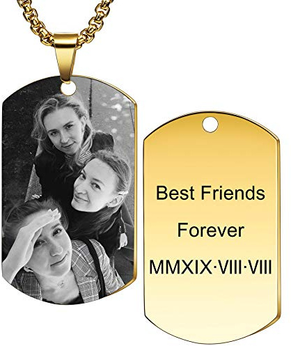 MeMeDIY Medaglietta per Cani Personalizzata Pendente Collana Nome inciso/Data/Testo/Foto in Bianco E Nero per Uomo Donna Monili Commemorativi in Acciaio Inossidabile (Oro Colore)