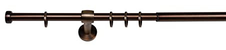 ondeco Gardinenstange ausziehbar 1-lauf, Vorhangstange Fenster Wand-Deckenmontage, Endstück Cap Komplettgarnitur Teleskopstange 16/19 mm mit Ringen Bronziert 120-210 cm