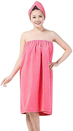 Conjunto de bata envolvente de Spa para mujer, Toalla de baño de microfibra absorbente suave y acogedora, bata de baño de rizo con gorro de turbante para secar el cabello Rosa Rojo 01 90*150cm
