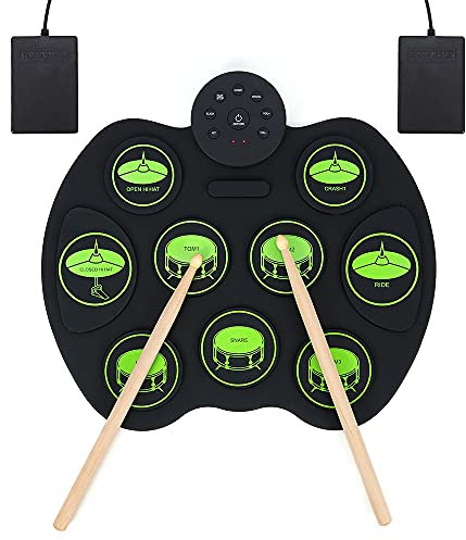 summina Roll Up Digitales E Drum Set Touch Sensitive Practice Drum Kit 9 Drum Pads 2 Fußpedale für Anfänger (keine Lautsprecher)