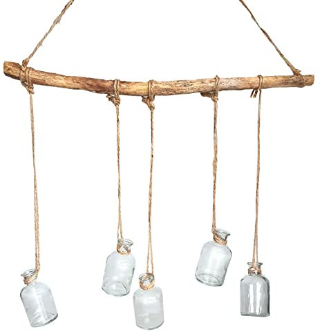 Deko und Band Deko Holzstange Dekoast zum Aufhängen mit 5 Gläsern an Juteschnur Maritim Look, Beige, Natur, Braun, Ocker