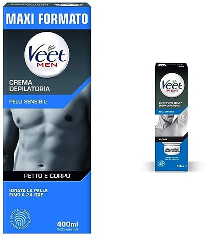 Veet For Men Crema Depilatoria per Uomo Pelli Sensibili, 400 ml, 2 x 200 ml & For Men Crema Depilatoria Ascelle, Pelli Sensibili, 100 ml