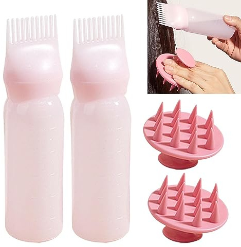 Lot de 2 flacons applicateurs de peigne racine avec 2 appareils de massage du cuir chevelu Brosse à shampooing, bouteille à presser en plastique, flacons de teinture pour cheveux et cuir chevelu