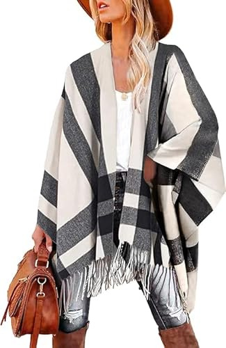 Breezy Lane - Suéter de chal para mujer con poncho a cuadros, capa de punto con flecos de frente abierta y sobredimensionada, bufanda de cardigan para otoño e invierno, Altoa única