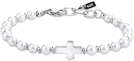 GAVU Bracciale da Uomo con Perle di Conchiglia e Charm Croce, Bracciale Croce Uomo, Regalo Cresima