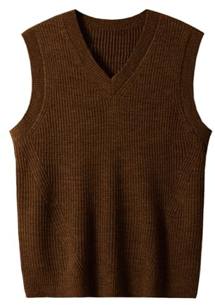 Suéter de Punto sin Mangas de Cuello V para Hombres Blusa Delgada para Hombres de Color sólido_Chocolate_XX-Large