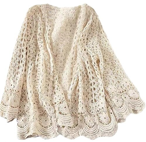 Sommer -Strickjacken für Frauen Baumwolle creme weiße weiße Langhülle Hohlaushöhle -Strickjacken Boho Florale Frühling Atmungsaktivem Häkelknit Kimono -Strickjacken, durchschnittliche Größe, Häkelkäm