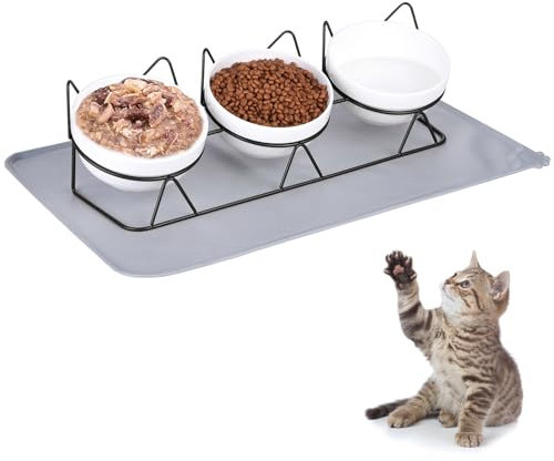 Yamitora Katzennapf 3er Set,Katzen Futternapf Erhöht Keramik Einzeln mit Unterlage Hunde Erhöhter Katzenschale Fressnapf Katze Porzellan Futter und Wasserspender Katzen Napfset Edelstahl(Schwarz)