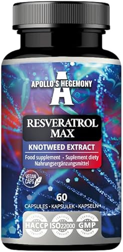 Resveratrol Max - 500 mg per kapsel - 60 veganska kapslar - 98% extrakt med hög renhet - Stödjer cirkulationshälsan - Naturlig antioxidant - Kosttillskott av Apollo's Hegemony