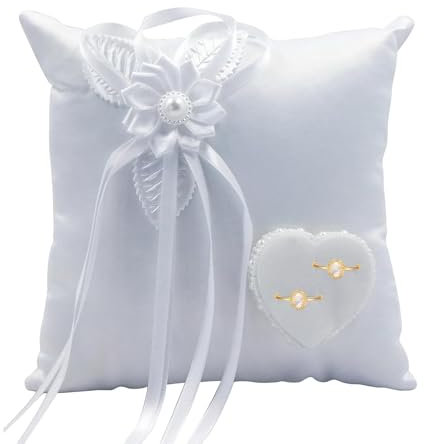Amexo Wedding Ring Cushion Romantic Ring Bearer Pillow White Lovers Flowers Ring Pillow Stylish Square Ring Holder for Proposal (20 x 20cm)