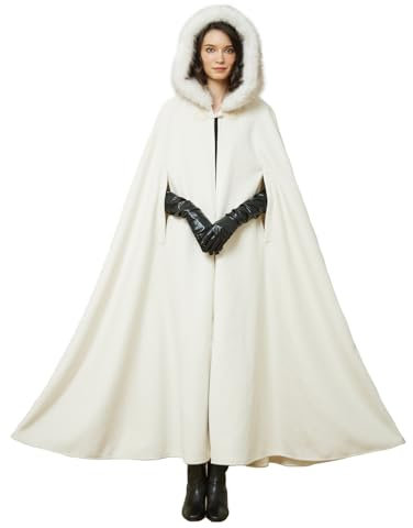 BEAUTELICATE Damen Umhang Mantel mit Kunstfell Kapuze Retro Wollmischung Poncho Cape Lang für Mittelalter Renaissance Cosplay Pelzmantel Hochzeit Brautjacke Winter (Elfenbein - 140cm,Einheitsgröße)