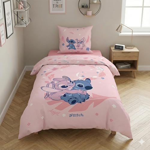 Stitch och rosa ängel, vändbart, påslakan 140 x 200 cm + örngott 63 x 63 cm, polycotton