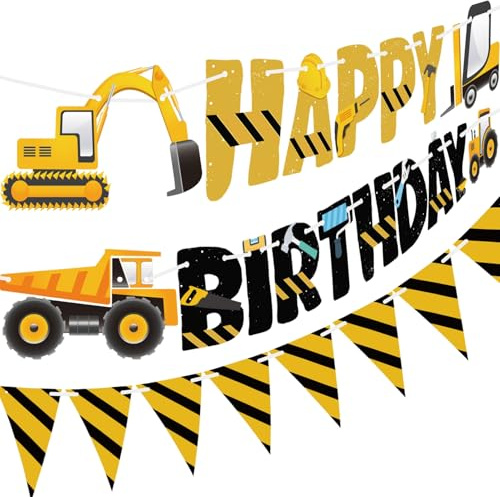 3 Packs Construction Happy Birthday Banner and Construction Pennant Flags Bunting Banner Decorations Construction Birthday Party Supplies for Boys Birthday Party (Construction)